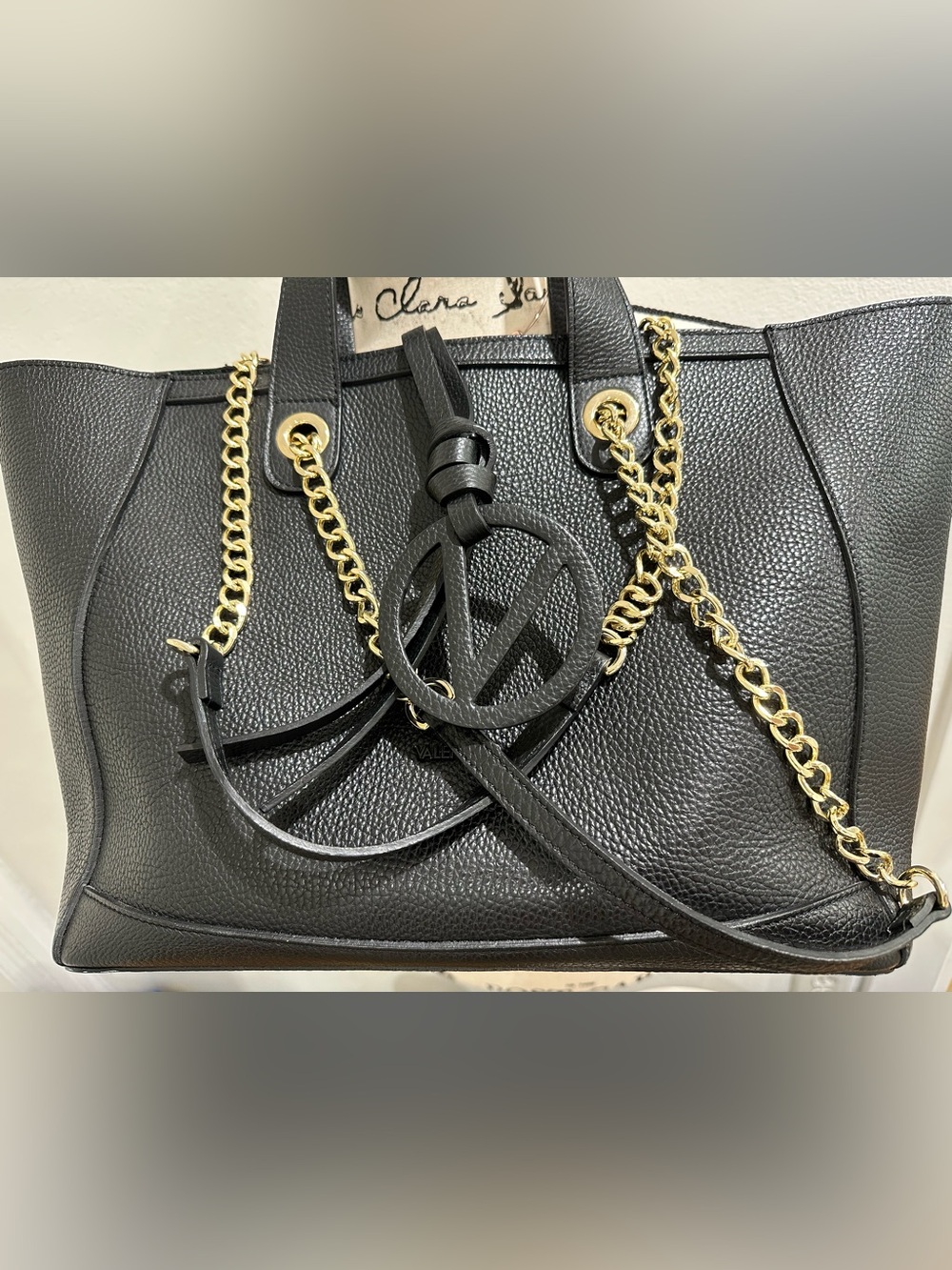 Valentino Black Pebbled Leather Satchel with Gold Chain Accents